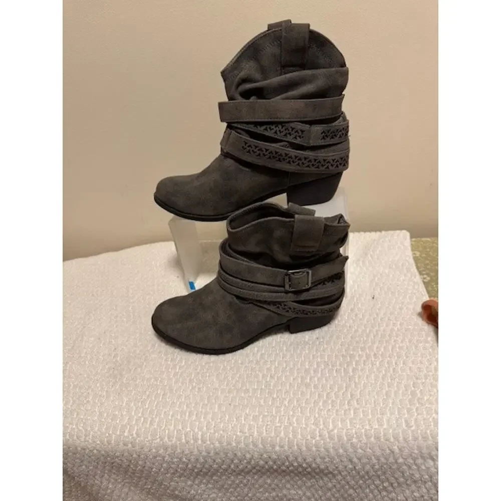 Used Not Rated Gray Faux Suede Ruched Booties with Cutout Strap Design 6.5